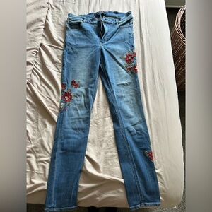 Express Blue Skinny Jeans with Red Floral Embroidery